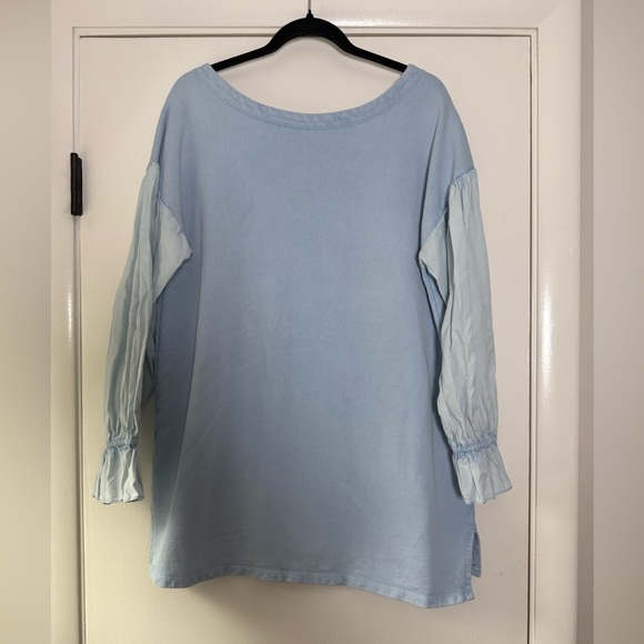 Anthropologie Pilcro Puff Sleeve Mixed Media Top Ice Pale Blue Cotton Size Large - Picture 10 of 10